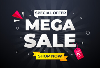 Web mega sale black banner. up to 70% off. Super Sale, end of season special offer banner.