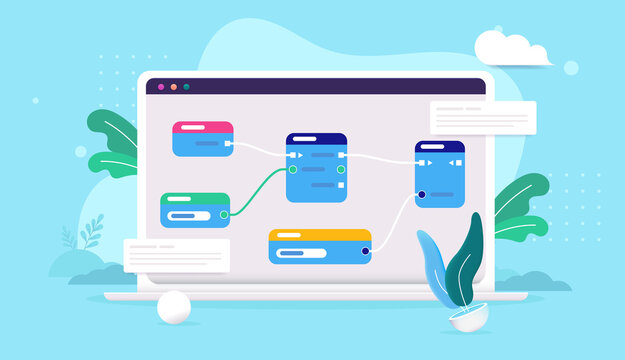 Visual scripting with nodes - Laptop computer with visual programming on screen and blue background. Vector illustration