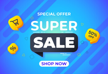 Web Sale blue banner template design, Big sale special up to 50% off. Super Sale