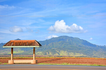 Oahu bus stop with mountains in the background on Oahu island in Hawaii