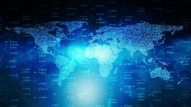 Digital business data with world map animation.