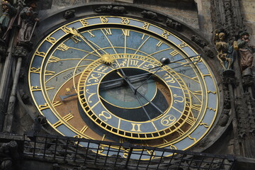 A big clock with golden colors in the city