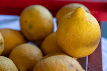 Fresh italian lemons on the table. Sicilian lemon.