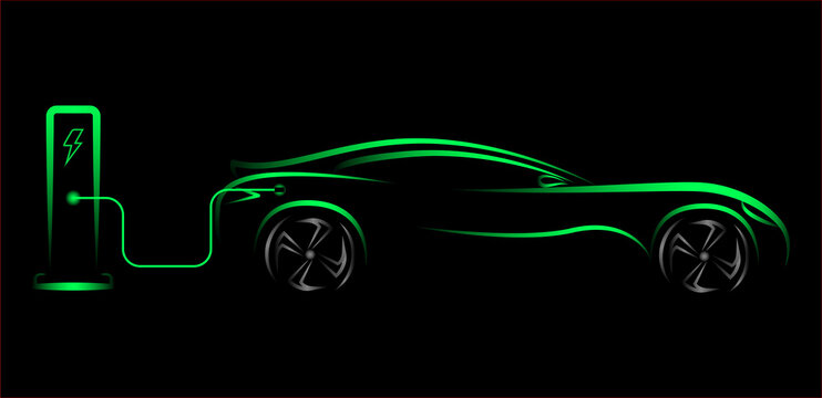 Modern electric car silhouette, side view. electric vehicle, hybrid car, green neon electric car silhouette for logo, banner for marketing advertising design. EPS 10 vector illustration