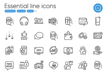 Mobile like, Photo location and User notification line icons. Collection of Parking app, Wallet, Rating stars icons. Calendar, Euler diagram, Search employee web elements. Parking. Vector