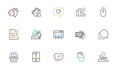 Decreasing graph, Approved and Swipe up line icons for website, printing. Collection of Image album, Security agency, Survey results icons. Work home, Crane claw machine. Vector