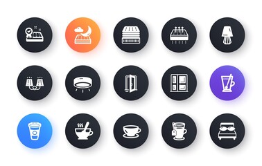 Minimal set of Deluxe mattress, Entrance and Breathable mattress flat icons for web development. Tea cup, Sconce light, Tea mug icons. Open door, Led lamp, Table lamp web elements. Vector