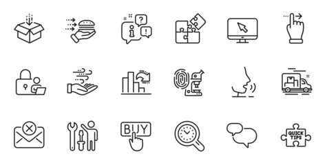 Outline set of Fingerprint research, Reject mail and Buying line icons for web application. Talk, information, delivery truck outline icon. Include Food delivery, Decreasing graph, Lock icons. Vector
