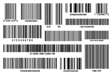 Set of product barcodes. Identification tracking code. Serial number, product ID with digital information. Store or supermarket scan labels, price tag. Vector illustration.