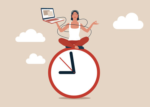 Young woman working with laptop while doing yoga or meditation on clock face. Flexible working hours, work life balance or focus and time management while working from home concept.