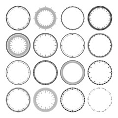 Mechanical clock faces, bezel. Watch dial with minute and hour marks. Timer or stopwatch element. Blank measuring circle scale with divisions. Vector illustration.