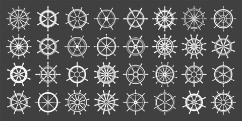 Collection of white vintage steering wheels. Ship, yacht retro wheel symbol. Nautical rudder icon. Marine design element. Vector illustration - obrazy, fototapety, plakaty