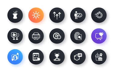 Minimal set of Internet report, Heart and Winner podium flat icons for web development. Like, Parking time, Puzzle icons. Organic waste, Fast recovery, Print image web elements. Swipe up. Vector