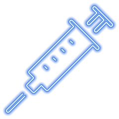 Blue neon stylized syringe contour on a white background
