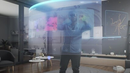 African American man wearing VR glasses uses interface with world map in virtual cyberspace metaverse space - Powered by Adobe