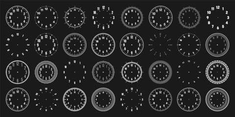 Mechanical clock faces with arabic numerals, bezel. White watch dial with minute, hour marks and numbers. Timer or stopwatch element. Blank measuring circle scale with divisions. Vector illustration