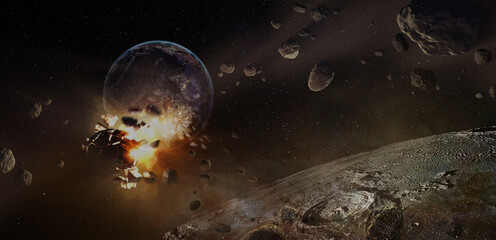Obraz na płótnie Canvas Meteorites attack the planet Earth, view from the Moon to armageddon in the form of falling meteors burning in the atmosphere. Elements of this image furnished by NASA.