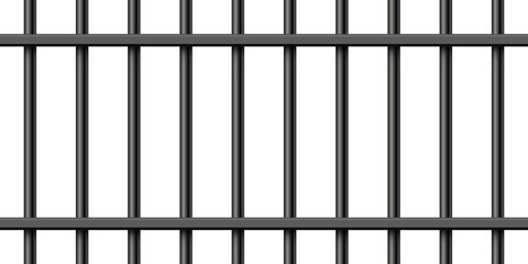 Black realistic metal prison bars isolated on white background. Detailed jail cage, prison iron fence. Criminal background mockup. Creative vector illustration.