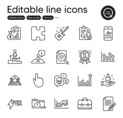 Set of Education outline icons. Contains icons as Report, Reward and Chemistry lab elements. Cyber attack, Quickstart guide, Business podium web signs. Article, Time management. Vector