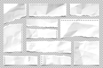 Ripped paper strips isolated on transparent background. Realistic crumpled paper scraps with torn edges. Sticky notes, shreds of notebook pages. Vector illustration.