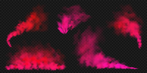Realistic red colorful smoke clouds, mist effect. Colored fog on dark background. Vapor in air, steam flow. Vector illustration.