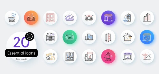 Simple set of Painter, Skyscraper buildings and Arena stadium line icons. Include Open door, Buildings, Shield icons. Construction building, Lighthouse, Arena web elements. Door. Vector