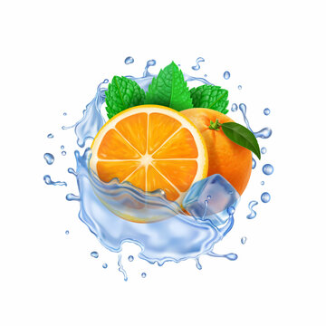 Orange fruit in realistic splash, ice cube and mint leaves. Orange beverage, ice tea, citrus drink refreshing