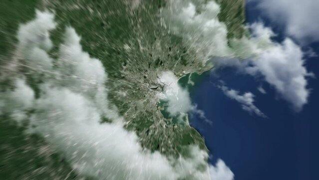 Zooming on Boston, US. Earth zoom in from outer space to city. The animation continues by zoom out through clouds and atmosphere into space. View of the Earth at night. Images from NASA. 4K