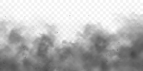 Black realistic smoke, dust clouds. Dirty polluted smog or fog with dirt particles. Air pollution, mist effect. Smoke from fire or explosion. Vector illustration - obrazy, fototapety, plakaty