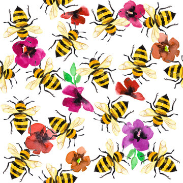 Watercolor illustrated honey bee among flower petals. Seamless pattern hand painted.