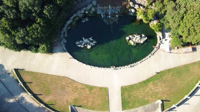 Reggia di Caserta, Italy. Aerial view of famous royal building gardens from a drone in summer season