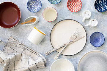 ceramic tableware top view on stone background mock up