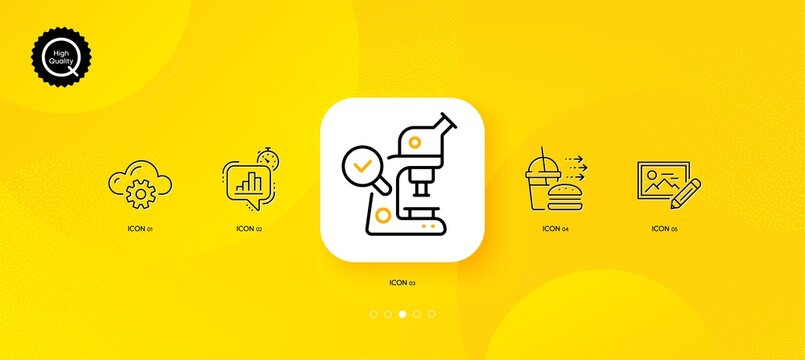 Cloud computing, Microscope and Food delivery minimal line icons. Yellow abstract background. Photo edit, Statistics timer icons. For web, application, printing. Vector