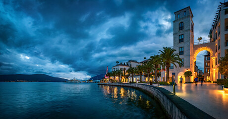 Evening panoramic view of the sea port of Montenegro.,Tivat. Luxury yachts and sailing boats in the port of Montenegro. Tivat. Kotor bay, Adriatic sea.