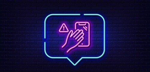 Neon light speech bubble. Dont touch phone line icon. Hand warning sign. Hygiene notification symbol. Neon light background. Dont touch glow line. Brick wall banner. Vector