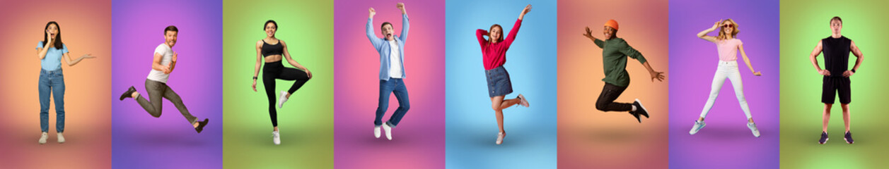 Stylish people posing on colorful backgrounds, collage
