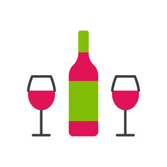 Wine bottle and two glasses flat line icon isolated on white background. Color red alcohol beverage tasting. Romantic party event celebration symbol logo design. Abstract drink vector illustration.