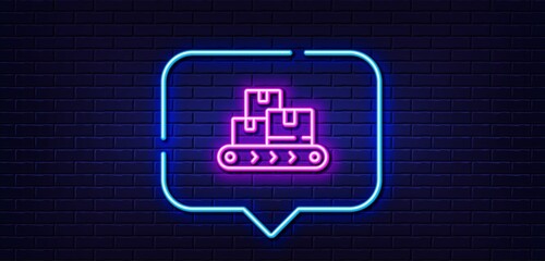 Neon light speech bubble. Wholesale goods line icon. Warehouse boxes belt sign. Logistic inventory symbol. Neon light background. Wholesale goods glow line. Brick wall banner. Vector