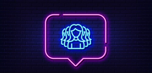 Neon light speech bubble. Group of Women line icon. Human communication symbol. Teamwork sign. Neon light background. Women Group glow line. Brick wall banner. Vector