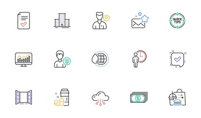 University campus, Open door and Food delivery line icons for website, printing. Collection of Valet servant, Payment, Approved checklist icons. Cloud computing, Tips. Vector