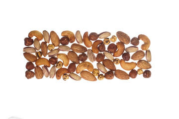 mixed nuts, hazelnuts, peanuts, walnuts, snacks, seeds, chickpeas, cashews on a white background