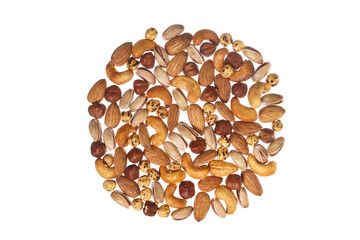 mixed nuts, hazelnuts, peanuts, walnuts, snacks, seeds, chickpeas, cashews on a white background