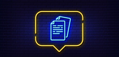 Neon light speech bubble. Documents line icon. Doc file page sign. Office note symbol. Neon light background. Documents glow line. Brick wall banner. Vector