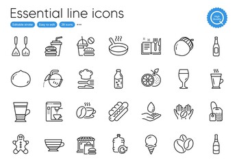 Frying pan, Cappuccino and Coffee maker line icons. Collection of Gingerbread man, Food, Orange icons. Beer, Beer glass, Coffee beans web elements. Refill water, Cooking cutlery, Acorn. Vector