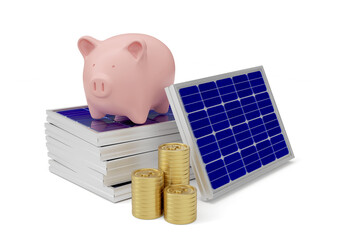 solar plates with pig and coins in 3d render realistic