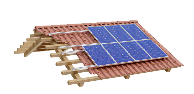 Solar panels with roof and wood in 3d realistic render