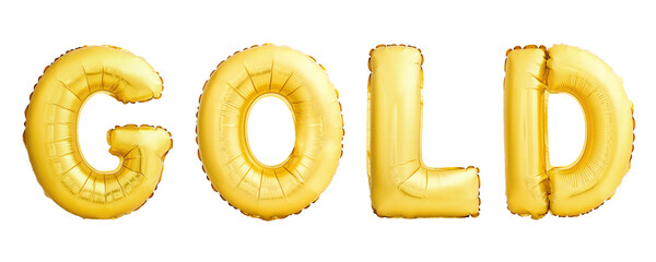 Golden word GOLD made of inflatable balloons isolated on white background