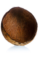 Empty dry coconut shell isolated on white background.