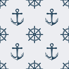 Vector Seamless Pattern with Hand Drawn Ship Helms and Anchors. Design Template for Textile, Fabric, Apparel, Wallpapers. Blue Anchor and Helm, Steering Wheel on White. Antique Vintage Marine Symbols