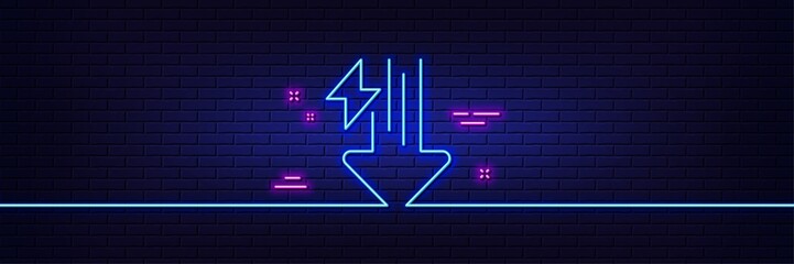 Neon light glow effect. Energy line icon. Thunderbolt sign. Power consumption symbol. 3d line neon glow icon. Brick wall banner. Energy drops outline. Vector
